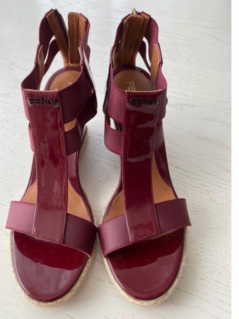 Fendi Carioca Burgundy Patent Leather Espadrille Wedge Sandals Size 38.5 (EU)